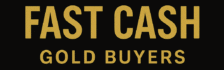 Fast Cash Gold Buyers logo in gold on black background featuring dollar sign and cash stack icon